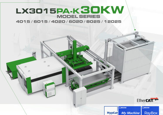 CNC lāzera griešanas iekārta ar automatizētu detaļu iekraušanu un izkraušanu.